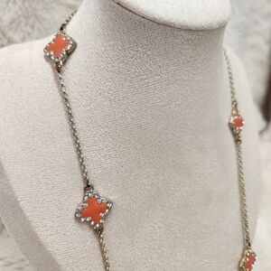 Long Gold Necklace with Orange Clover Accents 35"